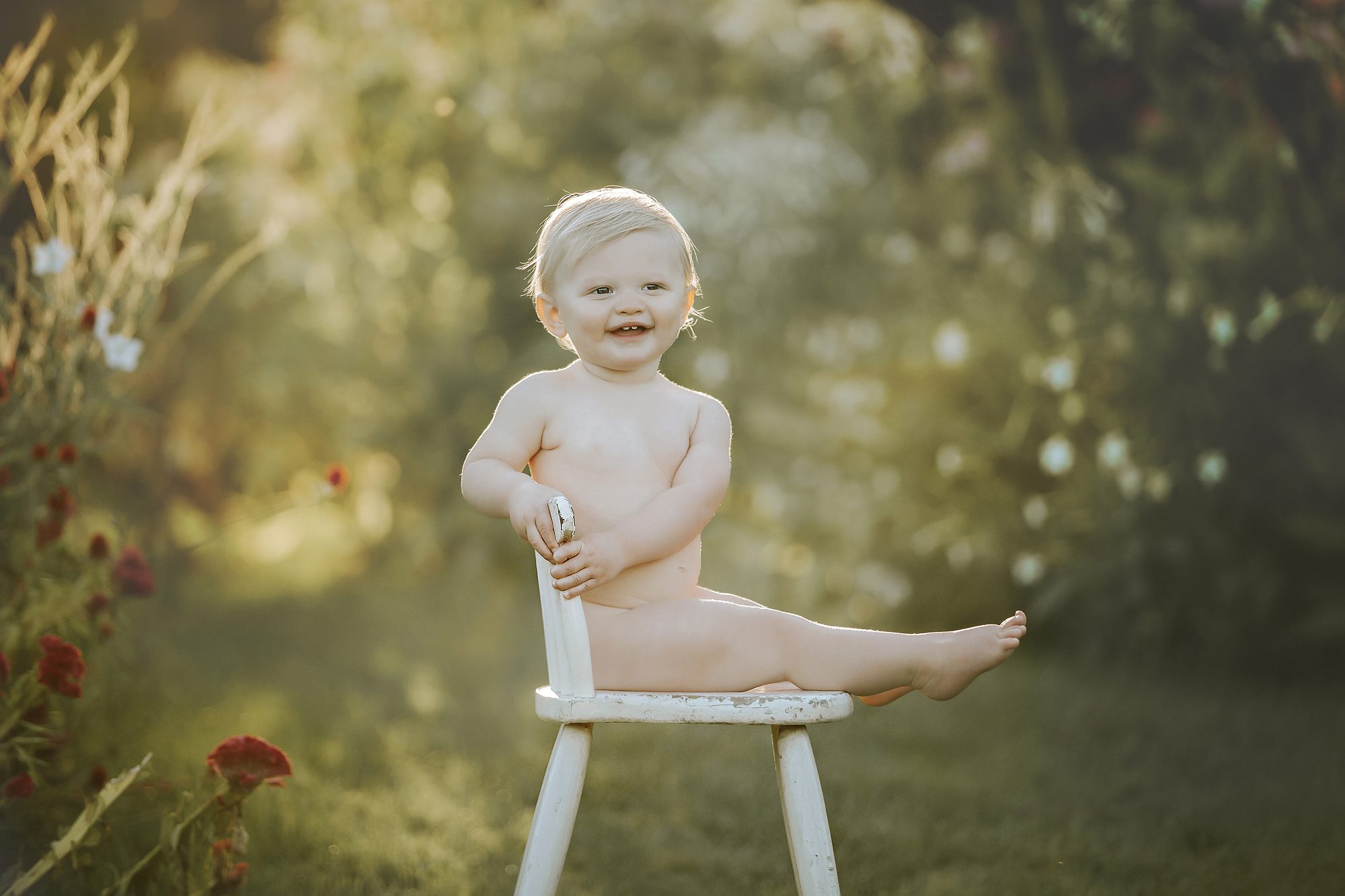 Baby boy sitting on chair nude at Elizabeth Park Family Photos